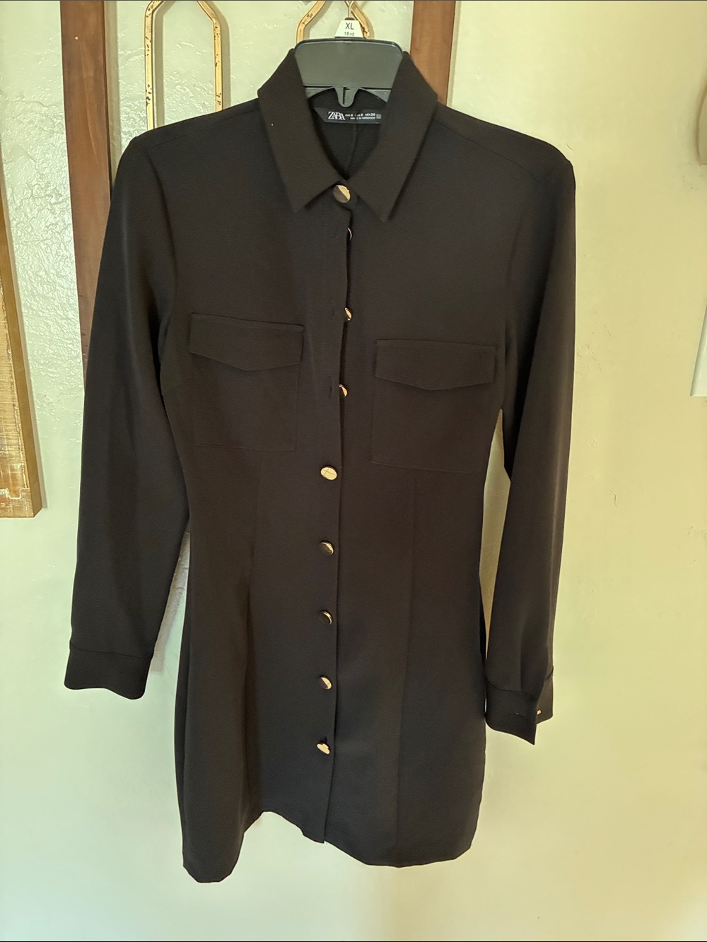 Zara Black Long-Sleeve Shirt Dress with Gold-Tone Buttons
